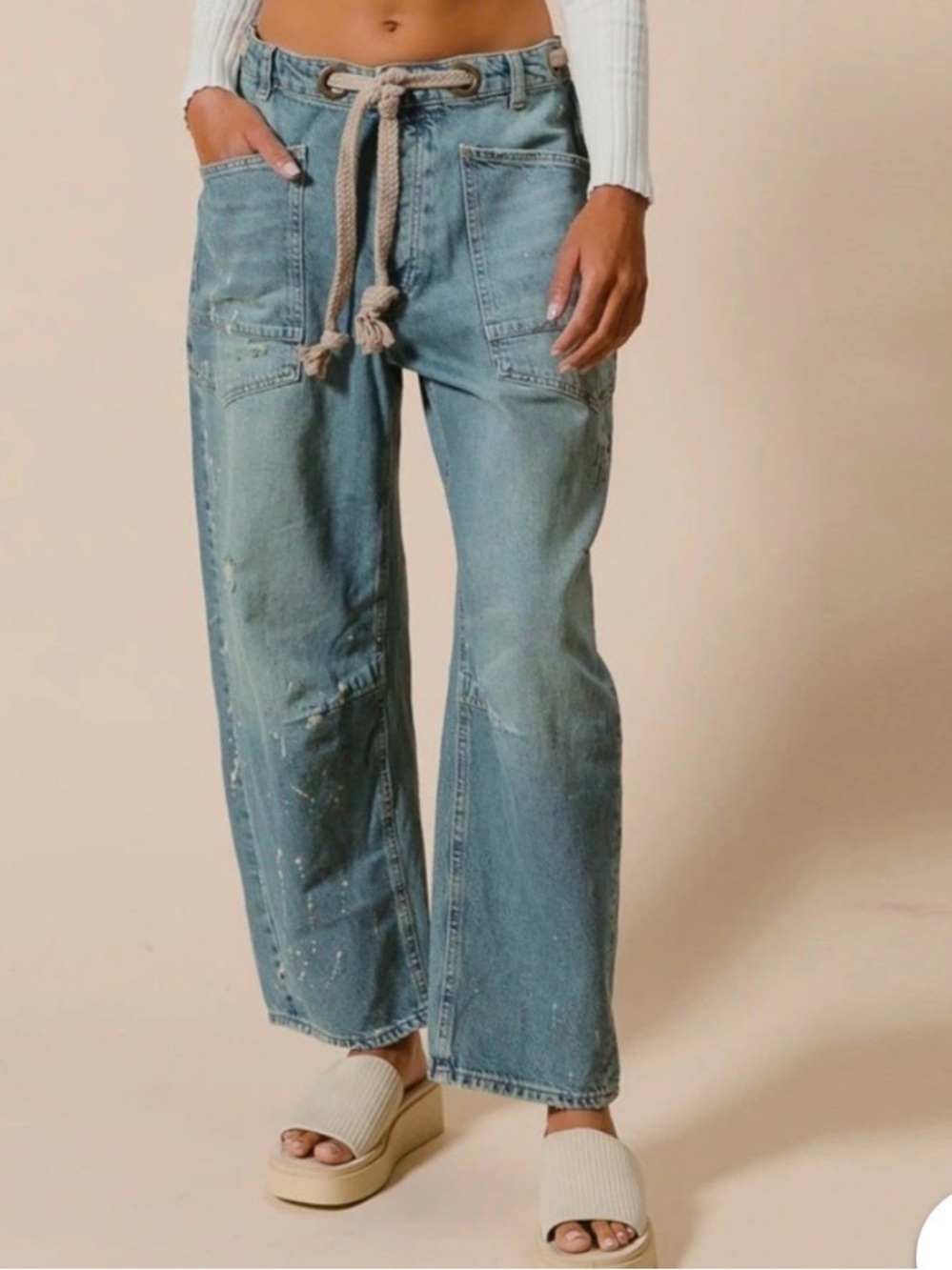 Bibi Medium Blue Wash Barrel Leg Women’s Jeans with Rope Drawstring